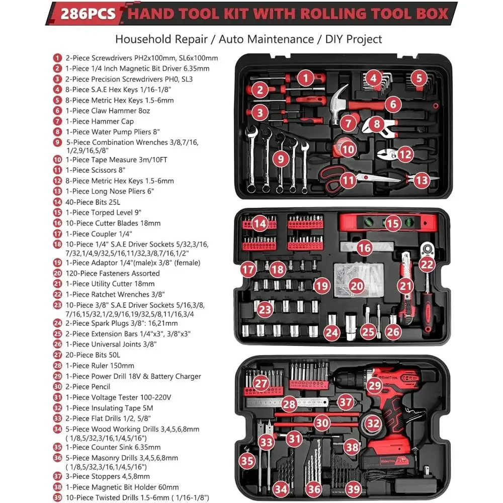 286pc KINGTOOL Home Auto Mechanic Repair Tool Set Kit with Rolling Box 21V Drill